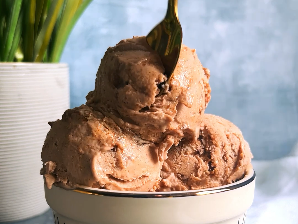 Creamy High-Protein Date Malt Ice Cream in a bowl