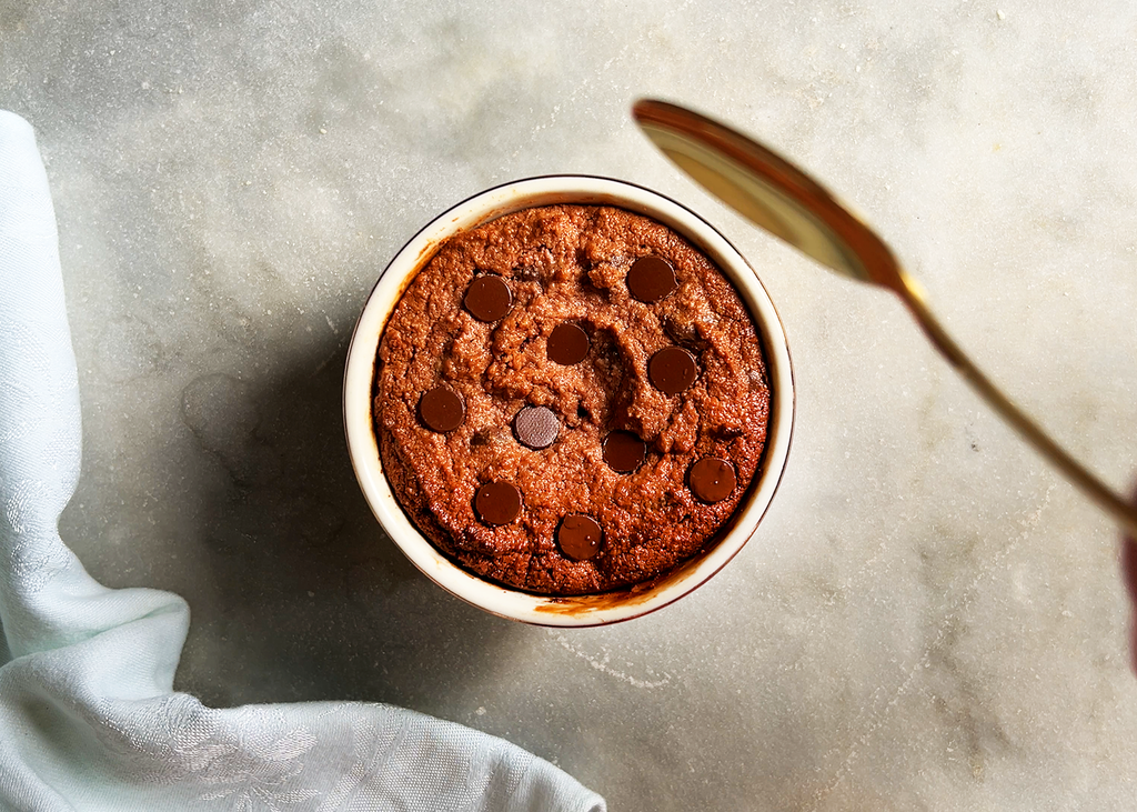 Quick & Easy Peanut Butter Chocolate Mug Cake overhead perspective