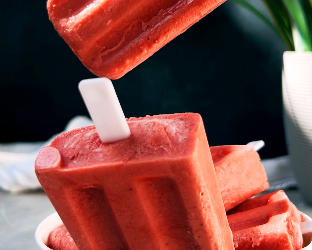 3-Ingredient Non-Dairy Strawberry Creamsicles, made with date syrup