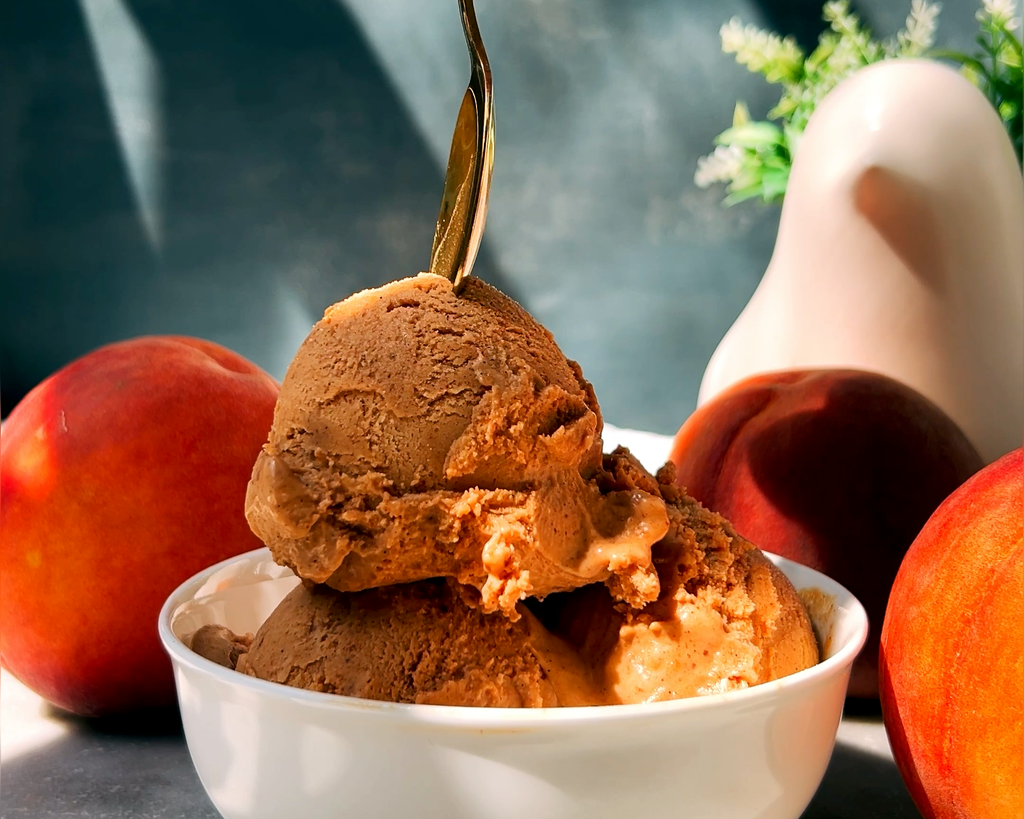 protein peach ice cream in a bowl