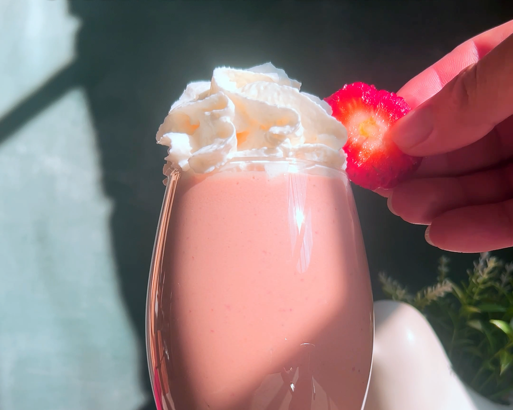 healthy Collagen Strawberry Milkshake sweetened with date syrup