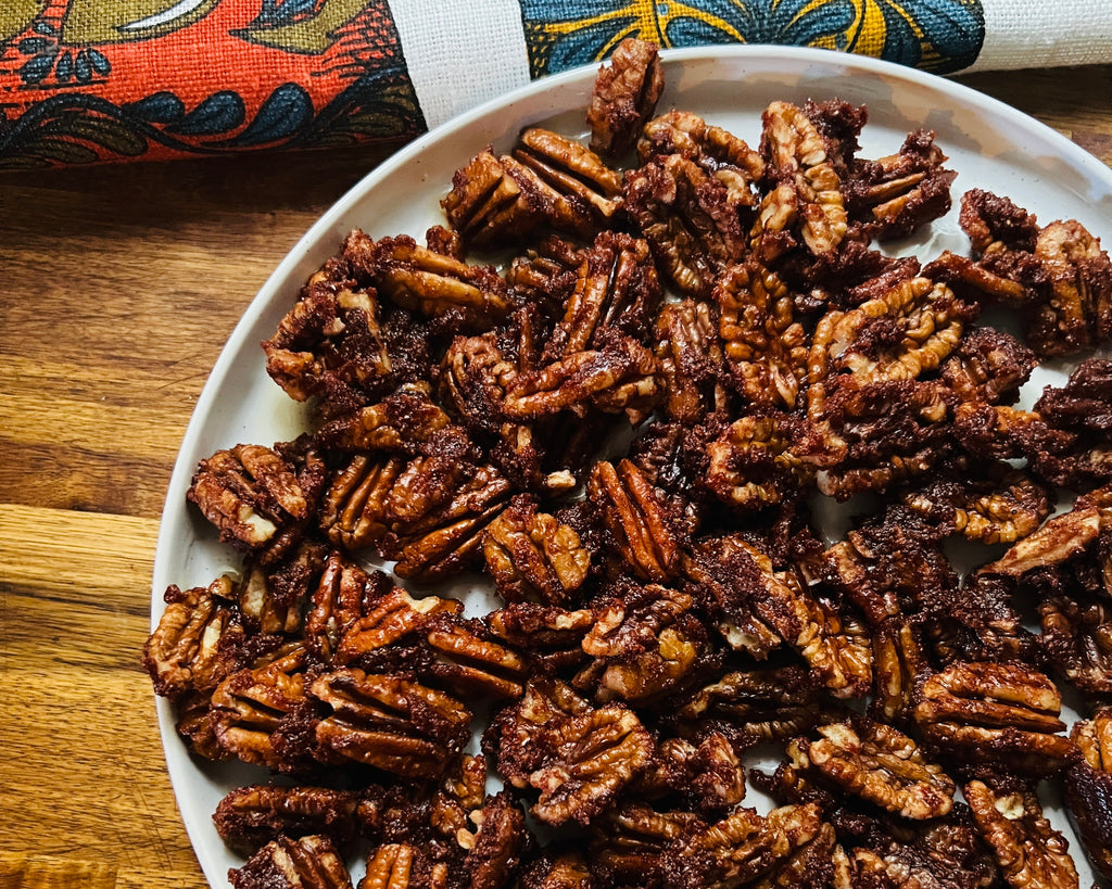 Candied pecans healthy easy homemade desserts candy sweetened with dates date sugar date syrup vegan and gluten friendly seasonal nostalgic comfort food